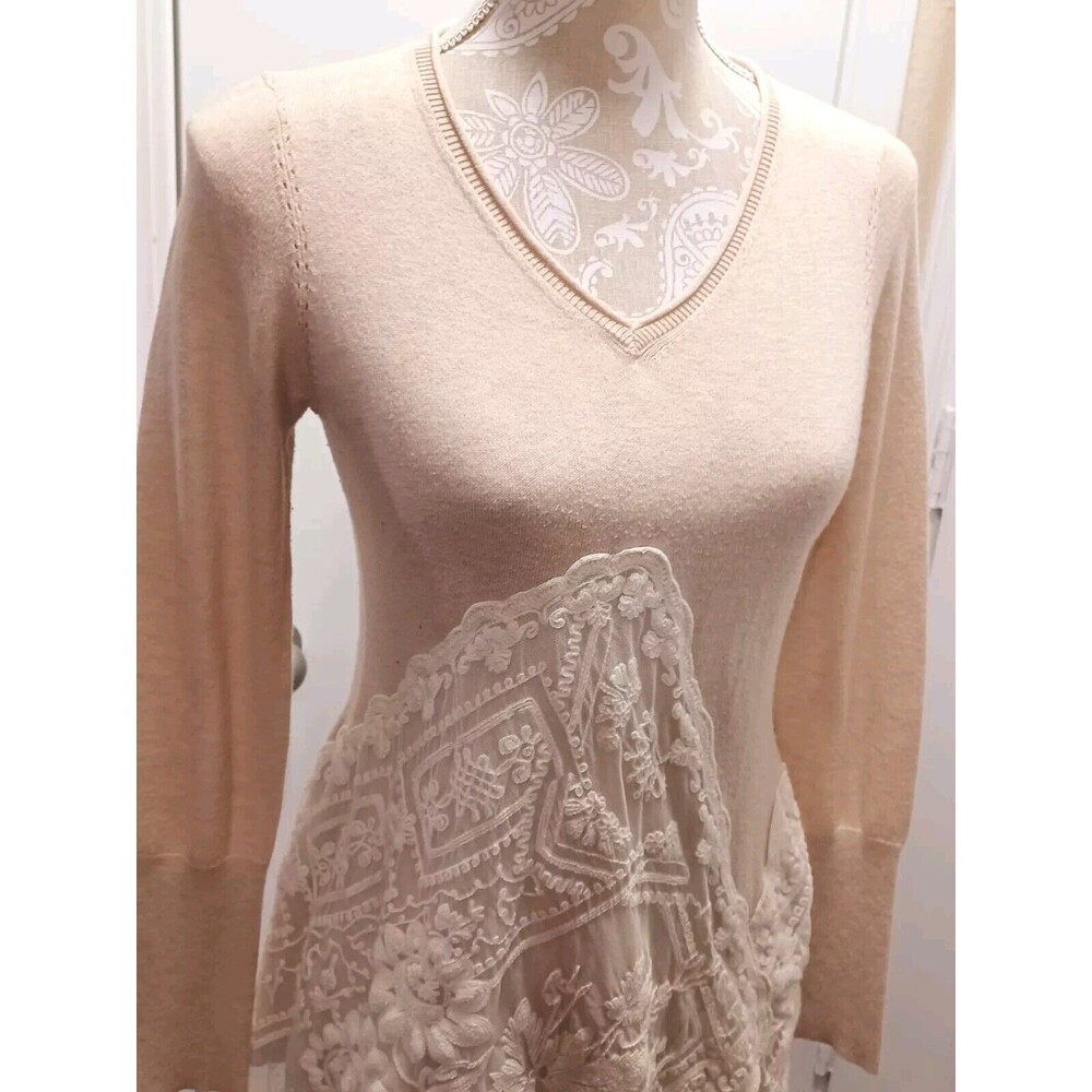 Angel of The North Beige Med Anthropology Knit Sweater With Lace Accent - Picture 4 of 8